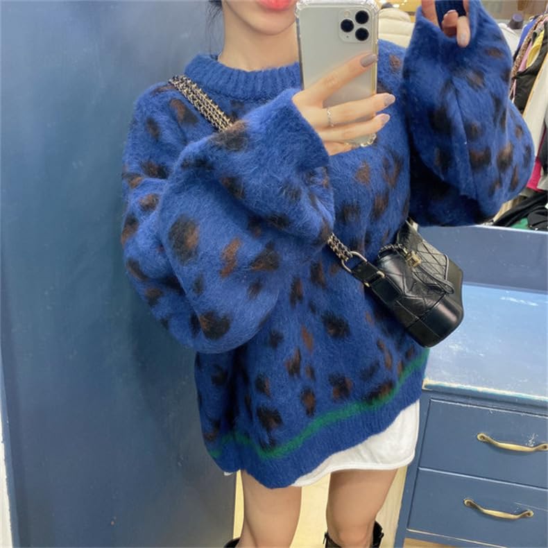 Obenie Women's Leopard Print Round Neck Sweater Oversized Casual Loose Basic Harajuku Pullover Y2K Sweater3