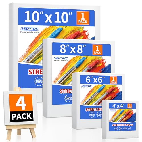Image of FIXSMITH Stretched Canvas for Painting, 4 inchx4 inch, 6 inchx6 inch, 8 inchx8 inch, 10 inchx10 inch, Pack of 4, Pre-Primed Canvases Wood Framed Canvas Boards for Oil Acrylic Paint, Acid-Free Painting Canvas for Kids &Artists