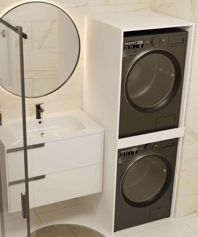 BDW - Armadietto per lavatrice e asciugatrice Pola Twin, 180 x 64 x 64 cm, mobile alto per bagno, mobili da bagno, asciugatrice, bianco