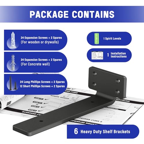 Image of WELDUN 6 Pack Floating Shelf Brackets 8 Inch, Heavy Duty Metal L Brackets for Shelves Support Wall Hanging