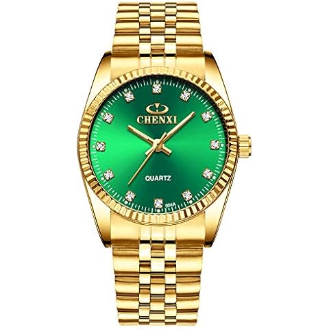 Classic Golden Stainless Steel Unisex Luxury Quartz Wrist Watches Green Cover