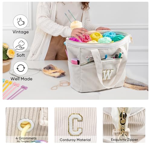 Image of Initial Personalized Corduroy Yarn Storage Tote - Yarn Holder and Crochet Organizer for Hooks, Accessories, Project and Knitting Bag - Gift for Crochet Lovers