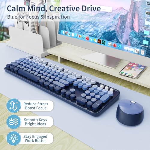 Nowlike Wireless Keyboard and Mouse Combo, Retro Typewriter Keyboard with Round Keycaps, Full-Size Ergonomic, Blue, Ideal for Windows PC, Home, Office, and College, Wireless Keyboard Mouse Combo - Image 3