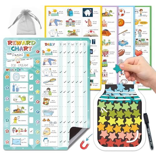 Image of JJPRO Magnetic Reward Chart for Kids with Reward Jar- Behavior Reward Chart System, Toddlers Daily Routine,Visual Schedule Board,96 Reusable Stickers& 45 Star Tokens to Motivate Responsibility-Blue