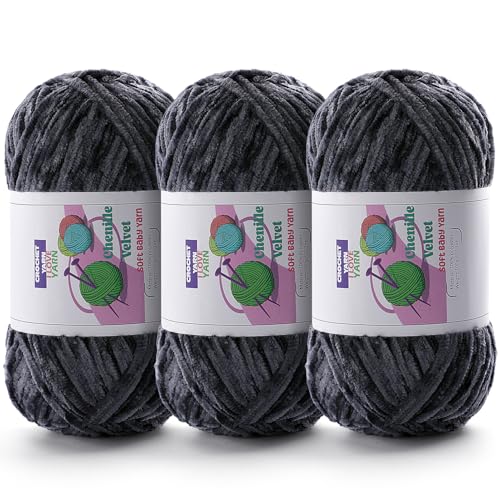 Image of 3 Skeins Soft Fluffy Velvet Yarn, Chenille Chunky Yarn for Hand Knitting and Crocheting DIY Craft, Amigurumi Crochet Yarns(3x196.8yds, 3x3.5oz) (Dark Gray)