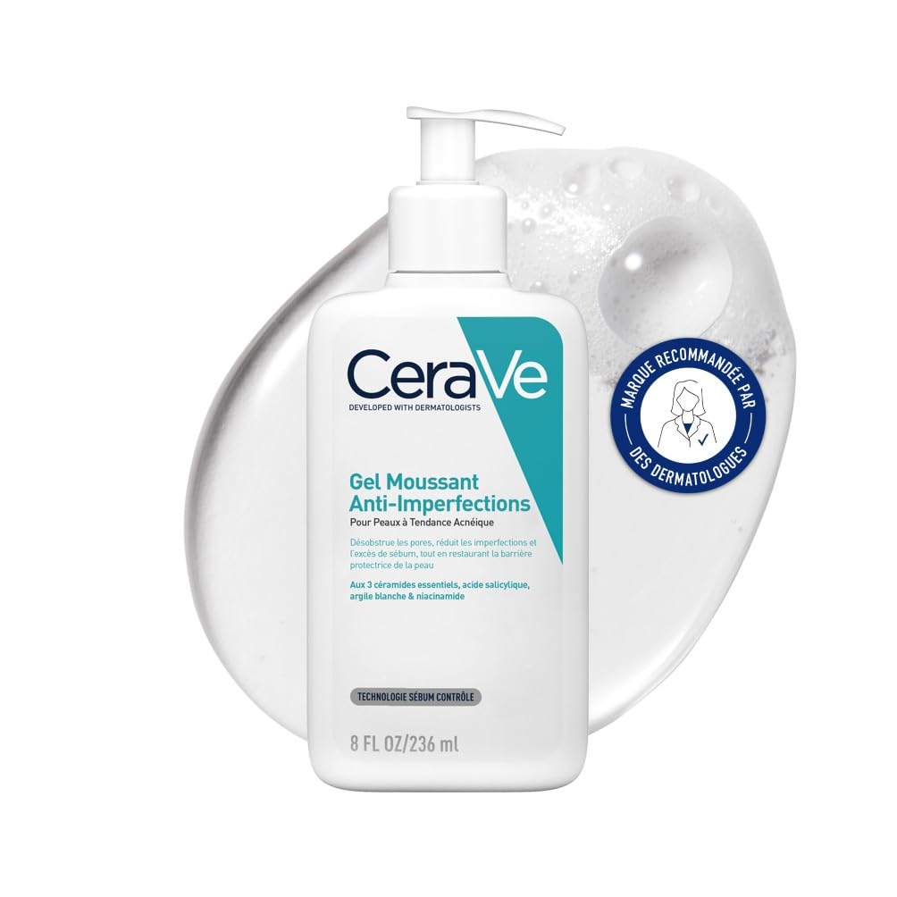 CeraVe - Gel Moussant Anti-Imperfections - Purifie la Peau en douceur et Réduit les Imperfections - Acide Salicylique, Argile Blanche, Céramides et Niacinamide - Peau à Tendance Acnéique 236ml