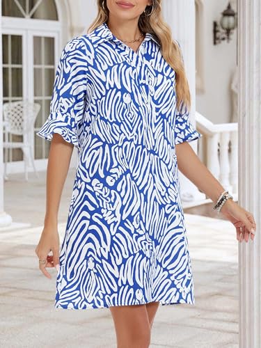 Image of FENSACE Womens Casual Shirt Dress Ruffle Sleeve Button Down Shift Summer Dresses with Pockets