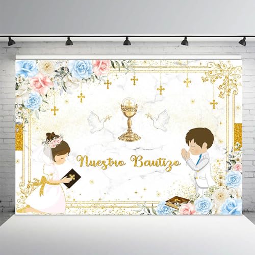 AIBIIN Telón de fondo floral Nuestro Bautizo de 2.1 x 1.5 m para bautizo de niño y niña, pancarta de primera comunión con Dios bendiga bautizo, fiesta, fotografía, cartel, accesorios para cabina de