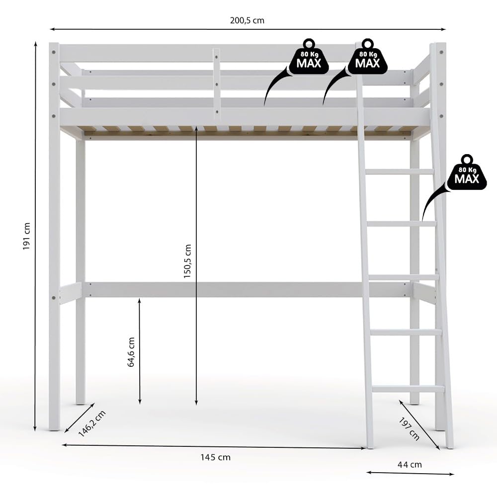 WEBER INDUSTRIES Lit Mezzanine Studio 140x190 + 1 sommier/Blanc
