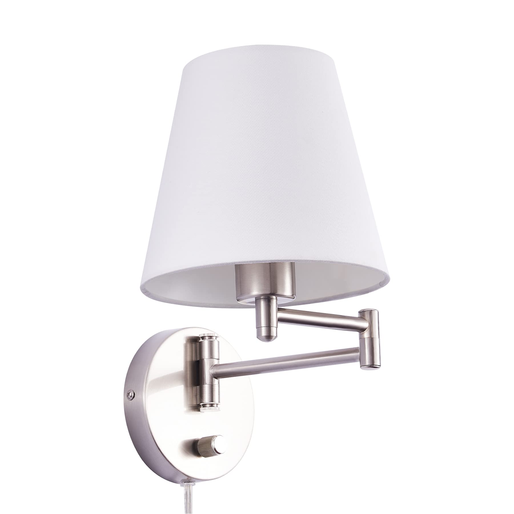 VONLUCE Modern Adjustable Swing Arm Wall Lamp Brushed Nickel, Plug-in Wall Sconce Lighting for Bedroom Bedside, Living Room, Kitchen, Hallway, Wall Mounted Light Fixtures with White Fabric Shade