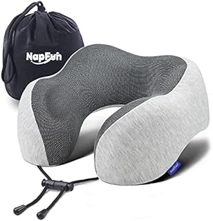 napfun Neck Pillow for Traveling, Upgraded Travel Neck Pillow for Airplane 100% Pure Memory Foam Travel Pillow for Flight Headrest Sleep, Portable Plane Accessories, Light Grey