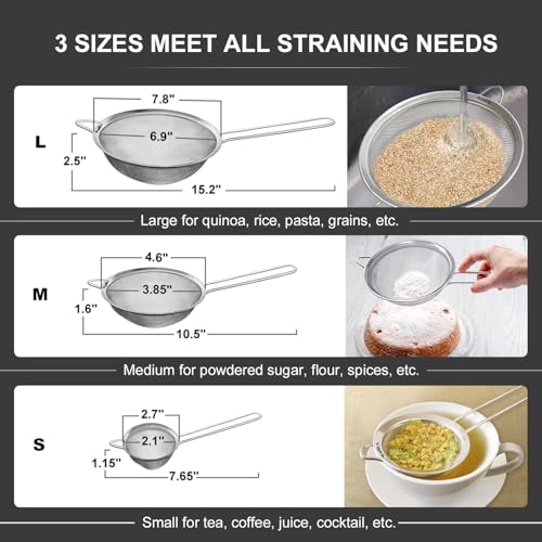 Image of Walfos Greek Yogurt & Curd Maker - 1100ml Fine Mesh Strainer with Lid | Multifunctional Yogurt Filter | Curd Maker for Home | Perfect for Homemade (2.7 inch+4.6 inch+7.8 inch Strainers (3pcs) - Stainless Steel)