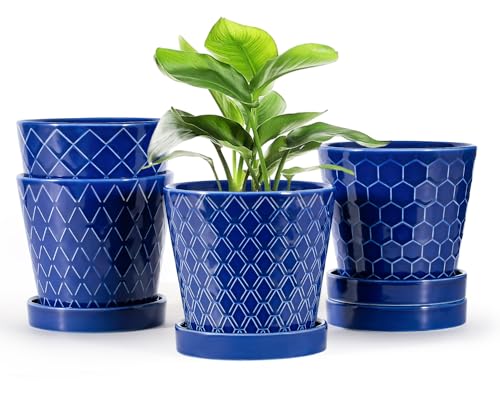 Image of EFISPSS Ceramic Plant Pots, 5Inch Pots for Indoor Plants, Planters with Drainage Holes and Ceramic Tray,Plant Lover Gift, Desktop Office Windowsill Decoration Gift Set of 4 - Blue
