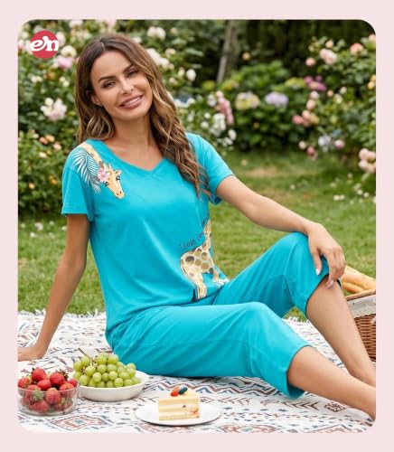 Image of ENJOYNIGHT Womens Pajama Sets Cotton Pj Set Short Sleeve Top With Capri Pants Sleepwear 2 Piece Lounge Set