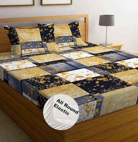 Image of NHD HOME Premium Cotton Feel Polycotton Elastic Fitted King Size Double Bedsheets with 2 Pillow Covers | All Around Elastic 210 TC Super Soft | Size - 72 King Size x 78+10 inches | Mustarded & Black