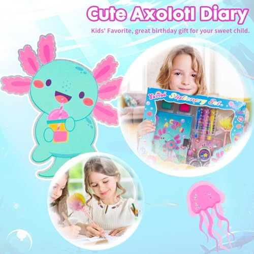 Pinkgarden Diary for Girls with Lock & Keys - Stationery Set with Journal, Pompon Pen, Stamps, Stickers, Ideal Birthday Gift for Girls Aged 4-12 Year Old (Axolotl Diary Set) - Image 5