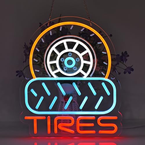 Image of Tires Neon Sign,USB Powered Dimmable Wall Decor LED Light | Neon Lights Hanging Wall Art Decor for tire Shop Auto Supplies Car Service Repair Garage Workshop,Ultra Bright, 15.35*12.6in