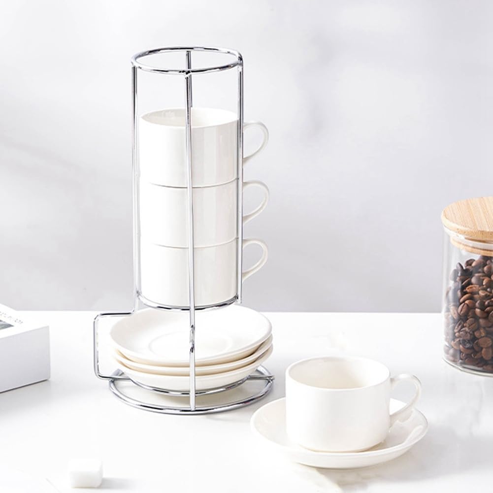 Tazas de Capuchino Apilables de Porcelana con Platillos y Soporte de Metal, Tazas de Espresso para Café con Leche, Café de Especialidad A