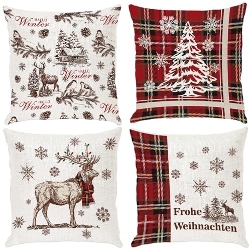 4 Stk Kissenbezug Weihnachten Set, Weihnachtskissenbezug 45x45, Rot...