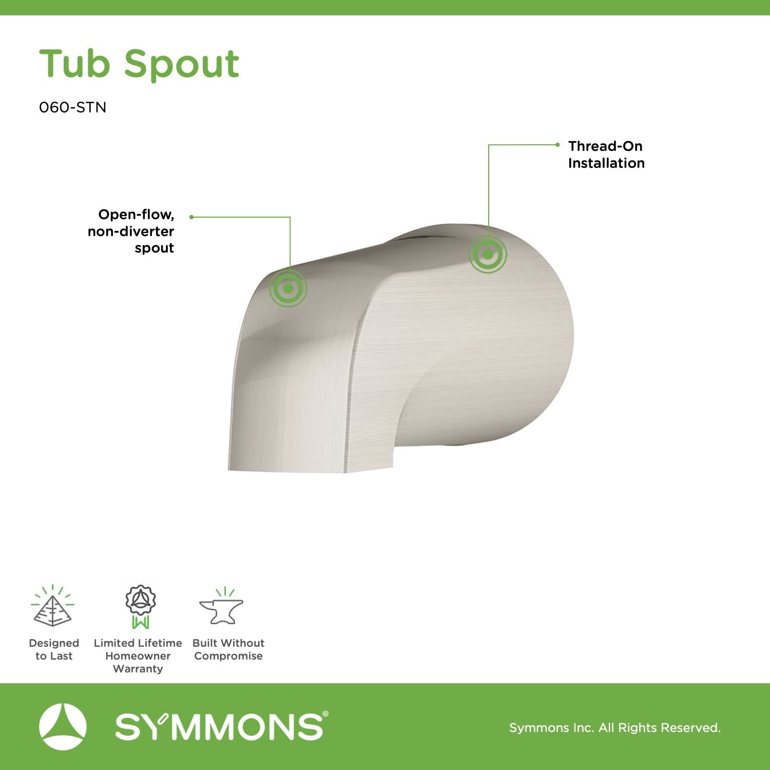 symmons 060 Non-Diverter Metal Tub Spout (Polished Chrome