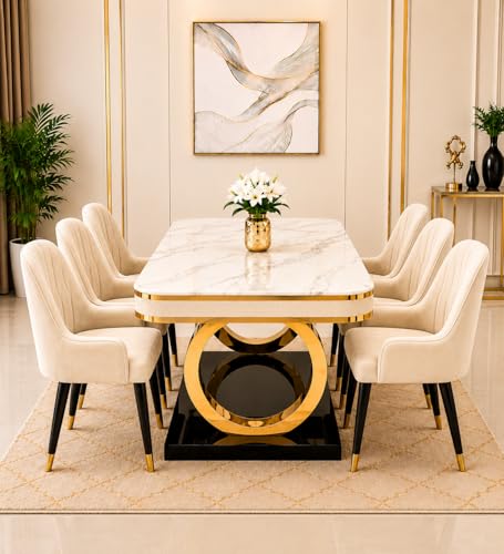 Image of 6-Seater Dining Table with Nano Composite Marble Top and PVC Golden Wooden Base |2yr Warranty - Includes 6 Fabric Upholstered Chairs (Cream, White Marble Top)