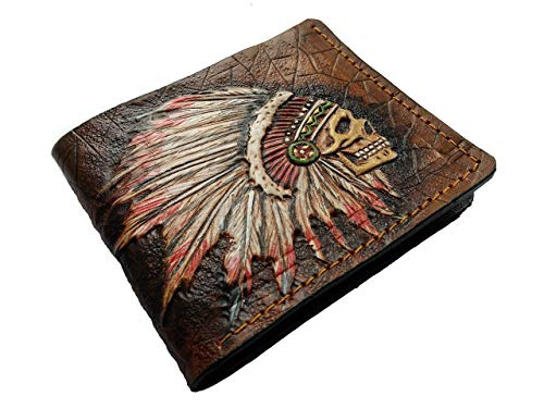 Indian Chief Skull, Patriotic Native American, Tribal Skull, Apache, Feather Headdress, Red Man, RFID Men's Bifold Wallet, Genuine leather wallet, Biker Wallet, Embossed wallet, Leather Purse, Handmade wallet, Airbrush Art, Custom wallet, Personalized wallet3