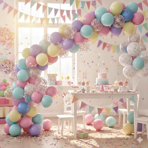 Image of Pastel Bow Balloons Macaron Rainbow Balloon Birthday Decorations, 55 Pcs 12 In Pastel Colorful Pink Bows Print Balloon Blue Purple Yellow Confetti Balloon for Kids Girls Princess Easter Bridal Shower