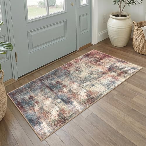 IOHOUZE Abstract Runner Rug 2x4 Ft Entryway Rugs Washable Door Mat Indoor Entrance, Rubber Backed Entryway Runners, Printed Faux Wool Non Slip Floor Carpet for Foyer Front Door Sink, Red/Multi