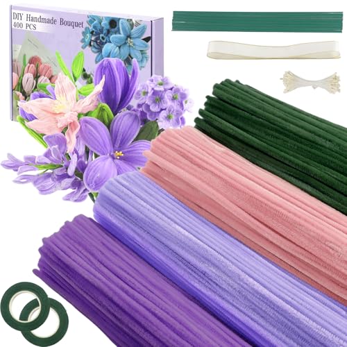 400 Pcs Pipe Cleaners Craft 4 Assorted Colors Pipe Cleaners Bulk Chenille Stems for DIY Flower Making Kit with Floral Wires Gardening Tape Stamen& Ribbon(Purple)
