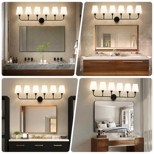 Image of Bathroom Vanity Light, Matte Black Bathroom Lighting Fixtures Over Mirror | 6-Light Bathroom Light Fixtures with Flared White Fabric Shade, E26 Socket (ETL Listed)