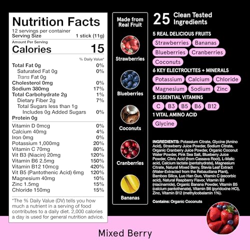 Image of DryWater Electrolyte + Vitamin Hydration Powder Packets - Mixed Berry, 1,000mg Potassium, Real Organic Fruit, NSF Certified for Sport, Nothing Artificial, No Added Sugar (12 Stick Packs)