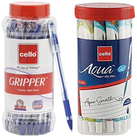 Cello Aqua Blue Gel Pen Jar of 25 Units & Cello Gripper Ball Pen Set