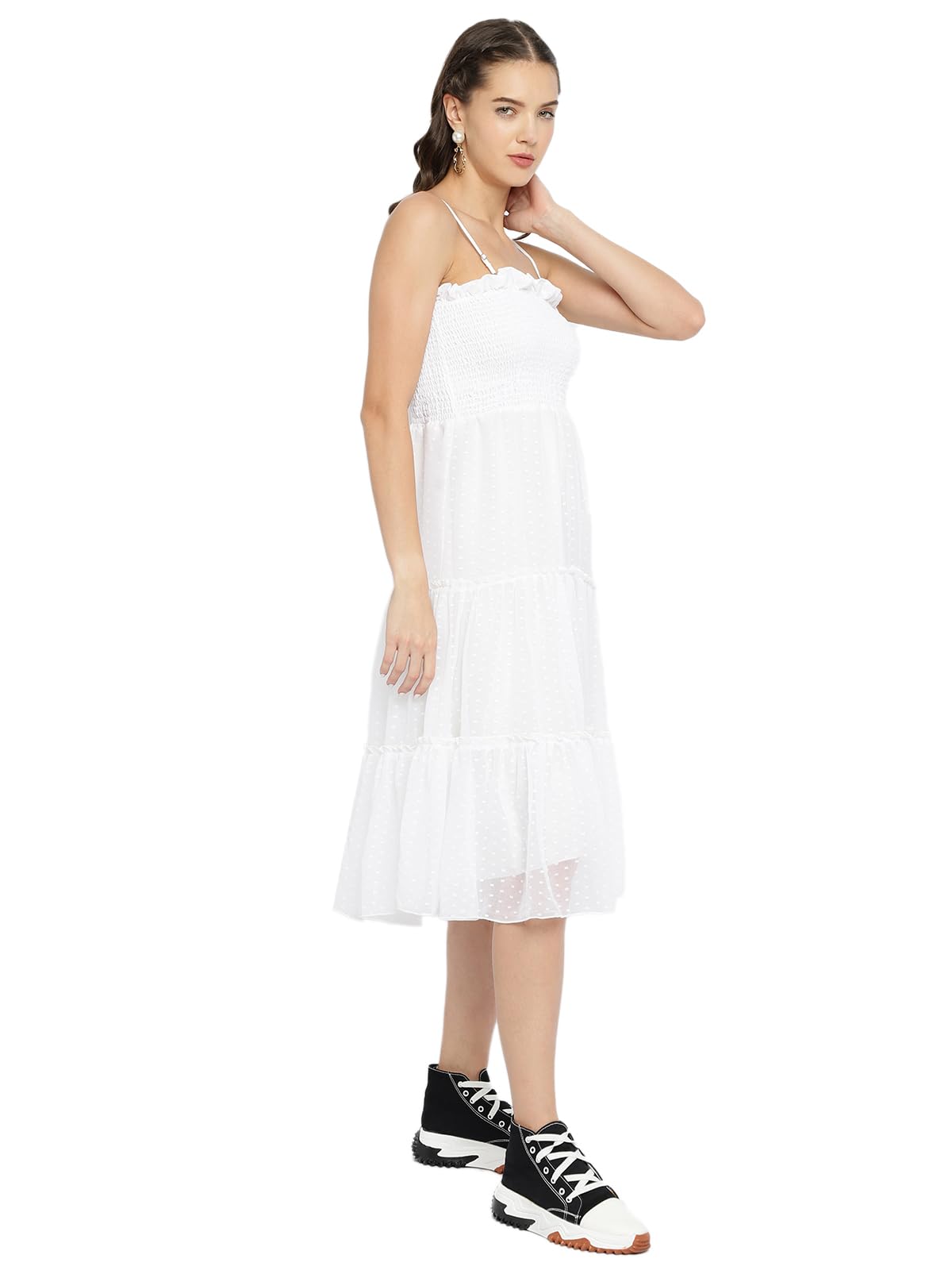 Avanova Jacquard Georgette Butti White Off Shoulder Knee Length Western Dresses For Women (Dress 74 White 2Xl)