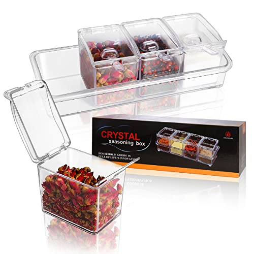 Clear Seasoning Box , 4 Pieces Acrylic Seasoning Storage Container Rack Spice Pots Condiment Jars with Spoons for Spice Salt Sugar Cruet