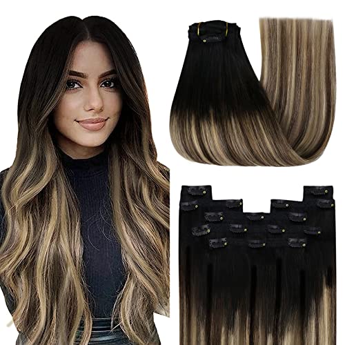 YoungSee Clip in Human Hair Extensions Black Ombre Clip in Hair Extensions Real Hair Black Ombre Dark Brown with Blonde Human Hair Clip in Extensions Balayage Clip Extensions for Women 18in 120g 7pcs