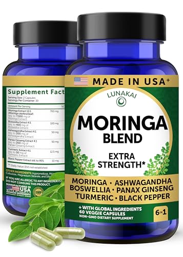 Lunakai USA Made Pure Moringa Capsules – Advanced Moringa Leaf Extract Supplement with Ashwagandha, Boswellia, Ginseng & Turmeric, 60ct