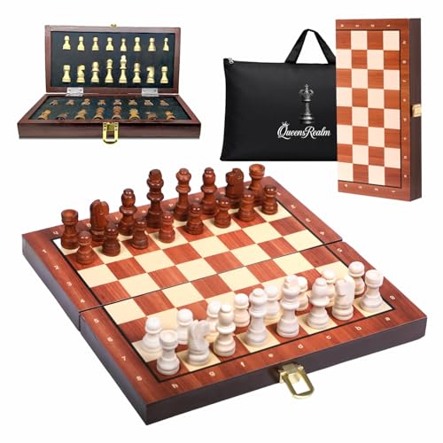Image of QueensRealm 10 Inch Chess Board Set Wooden Handmade Magnetic Foldable Chessboard for Kids & Adults, Compact & Portable Travel Chess with Inbuilt Storage 2 Players Board Game(10 Inch x 10 Inch- Wooden)