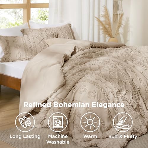Image of Bedsure Tufted Boho Comforter Set King Size - Light Brown Boho Bed Set, GentleSoft 3 Pieces Farmhouse-Style Embroidery Bedding, Gifts for Woman, Soft Jacquard Kids' King Comforter for All Seasons