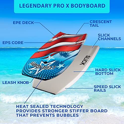 Bodyboard for Beach with Hard Slick Bottom, Boogie Boards for Kids & Adults, Legendary Pro X Heat Sealed with EPS Core, Leash (42'', US Flag)