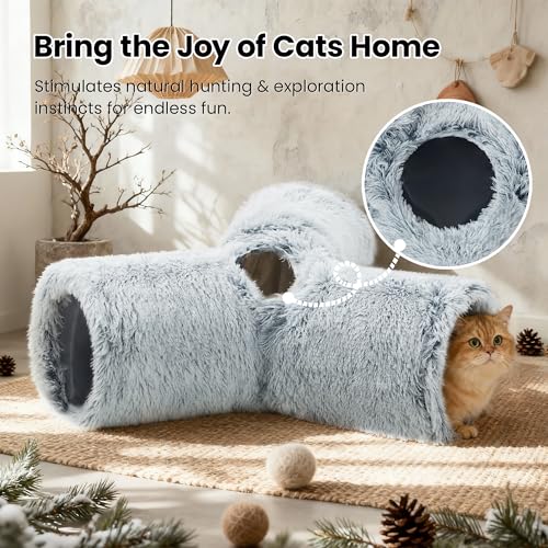 Image of Tempcore Plush Cat Tunnel for Indoor Cats, 3 Way Collapsible Pet Play Tunnel with Teaser Wand, Peek Holes & Hanging Ball, Interactive Tube for Kittens & Rabbits, Light Grey