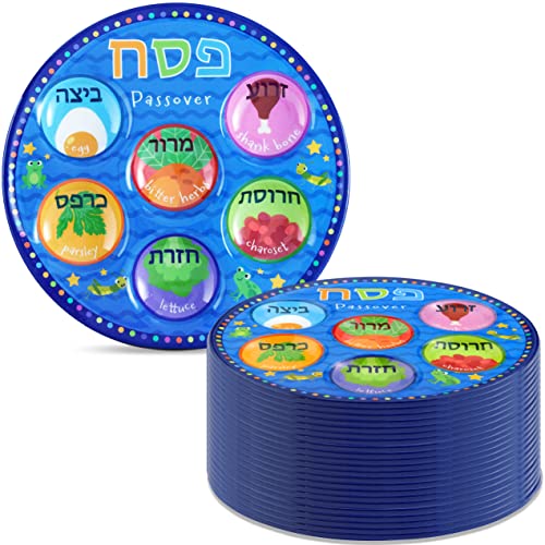 Quality Disposable Childrens Passover Seder Plates In Bulk 10" Deluxe Plastic Colorful Pesach Seder Plate For Kids Marked With Traditional Seder Food Specialty Dishware By Zion Judaica 24 Pack #TOP1