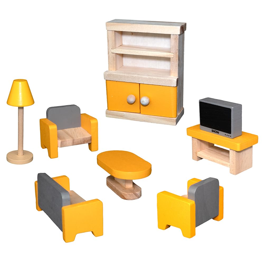 howa Casa delle bambole pieghevole in legno 7016, include 30 mobili, 4 bambole e cane, con 4 stanze, balcone, giardino, scale, casa delle bambole, naturale, beige