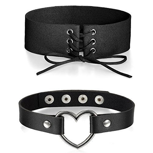 Aroncent 2PCS Damen Choker Halsband Halskette, Exquisit Herz Metalllegierung Niet Samt Lederhalskette Kette, Verstellbaren Größen, Schwarz Cover