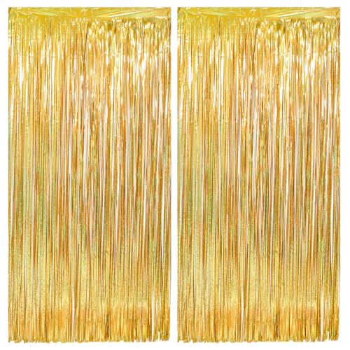 2 Pièces Rideau Métallique Doré, Rideau Anniversaire Doré Rideaux à Franges en Aluminium Or Porte Fenêtre, Toile de Fond pour le Nouvel An, Decoration...