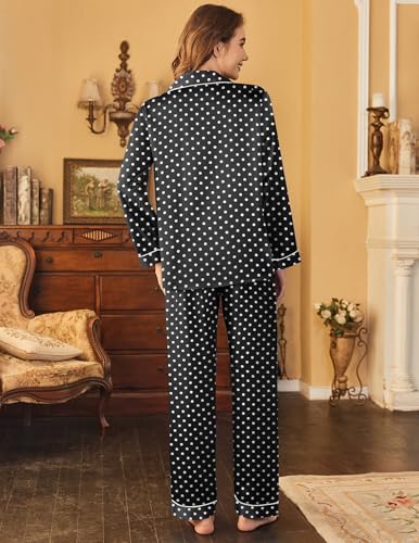 Image of Ekouaer Womens Satin Pajama Set Classic Pattern Silky Pj Sets Button Down Sleepwear Loungewear