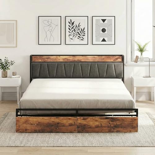 Image of LIKIMIO King Size Bed Frame with 2 Drawers and Charging Station | Platform Bed with Upholstered Storage Headboard, No Box Spring Needed, Easy Assembly, Sturdy, Industrial Brown and Gray
