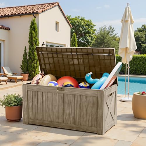 Image of Greesum Outdoor Storage Box 120 Gallon Storage Bin with Lid for Patio Furniture, Garden Tools, Pool Supplies, Lockable, Waterproof and UV Resistant, Coffee