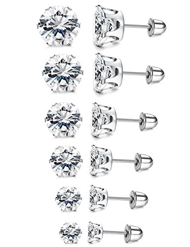 LOYALLOOK 6 Pairs Stainless Steel Clear Cubic Zirconia Stud Earring Ear Piercings for Women 3-8mm