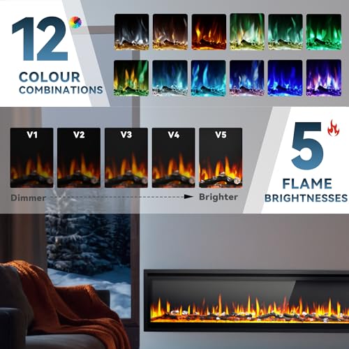 Image of EUHOMY 73 inch Electric Fireplace Recessed Wall Mounted Freestanding with Remote Control, Ultra-thin Fireplace Heater with Adjustable Flame Color, Linear Fireplace with Timer, Log & Crystal, 750 /1500W