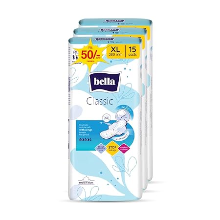 Bella Classic Maxi Softi Pads For Women|Sanitary Napkins|For Sensitive Skin|28 Cm Long|With Wings|Breathable|Extra Protective Zone|For Rash Free Period|Comfort Cussion|Pack Of 3|15 Pcs Each